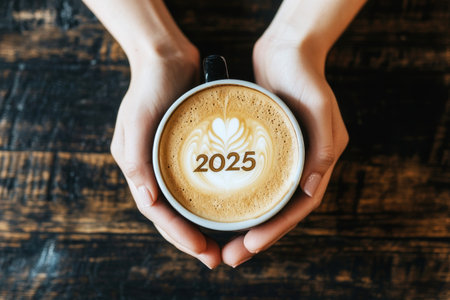Cup of coffee with 2025 pattern on wooden table. New Year concept.の素材