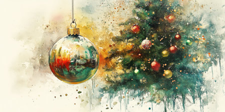 Watercolor abstract Christmas and New Year painting with image of Christmas tree and ball on watercolor background.の素材