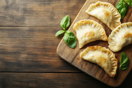 Traditional empanadas with meat and vegetables on cutting board, top viewの素材