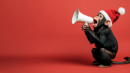 Monkey shouting into a megaphone on a red background.の素材