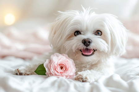 Cute Maltese dog with pink rose on bed at home.の素材