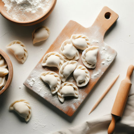 Meat dumplings - pelmeni, ravioli or pelmeni on cutting board over white backgroundの素材