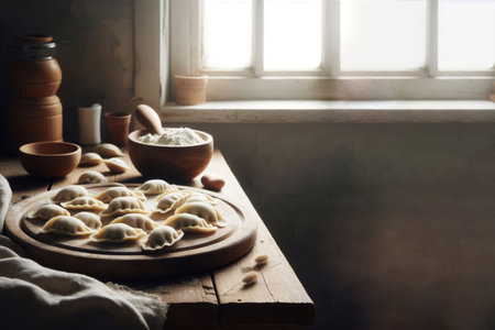 Homemade dumplings on a wooden table. Rustic style.の素材