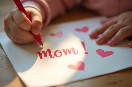 Little girl writes the word mom. Concept of childhood and motherhood.の素材