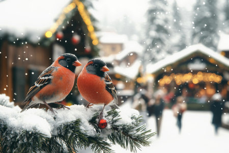 Christmas greeting card with two bullfinch birds on a snowy backgroundの素材