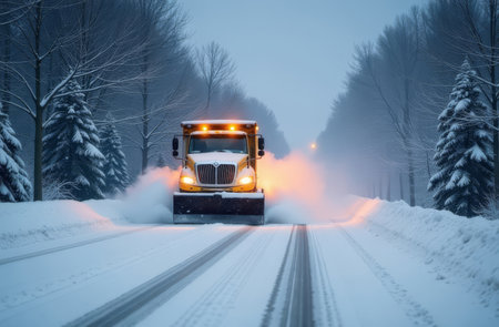 truck with snow blower on the road in the winter forestの素材