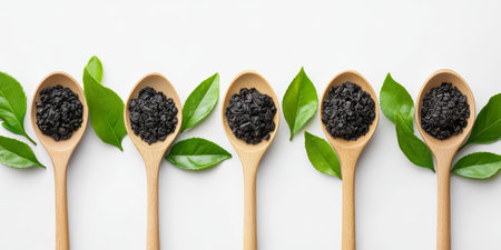 Black dry tea with green leaves on white background.の素材