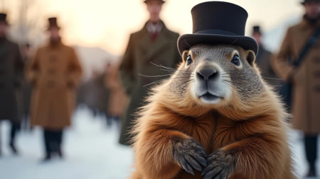 Marmot in a top hat on a background of people. Traditional holiday Groundhog Day.の素材