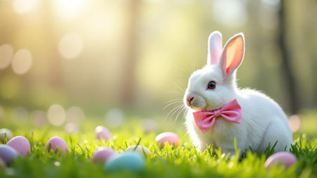 White rabbit with pink bow tie and easter eggs on green grass.の素材