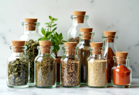 Herbs and spices in glass bottles on white marble background. Selective focus.の素材