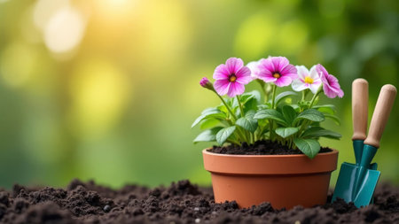 Spring flower seedling in pot with gardening tools on nature background.の素材