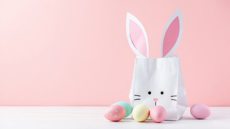 Easter bunny paper bag with colorful eggs on pastel pink backgroundの素材
