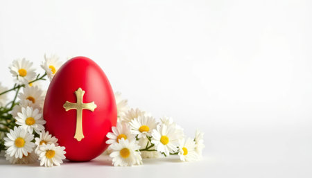 Red Easter egg with cross and daisies on a white background with space for text.の素材