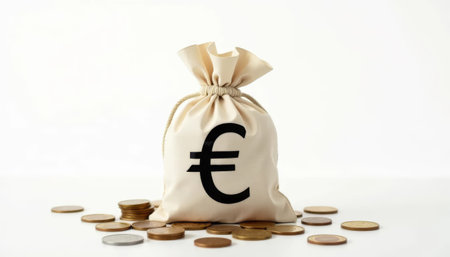 Canvas bag with a bold euro symbol, filled and surrounded by scattered coins on a clean white background, symbolizing wealth and finance.の素材