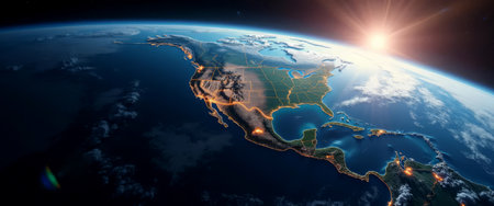 View of North America from space, illuminated by city lights along borders. Sunrise over the horizon highlights the Earth's beauty.の素材