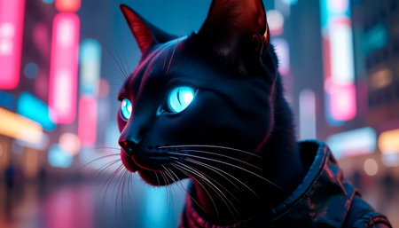 Cyberpunk black cat with glowing blue eyes in futuristic city at night, wearing leather jacket.の素材