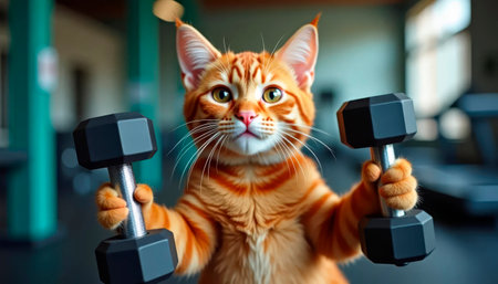 Funny ginger cat lifting dumbbell in gym. Fitness, strength, training, and healthy lifestyle.の素材
