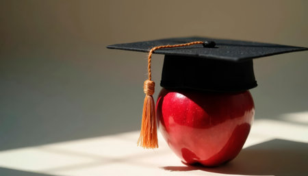 Graduation cap on red apple. New school year, learning, knowledge, academic growth.の素材