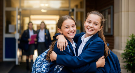 Schoolgirl friends hug, smiling at school entrance. Friendship, reunion, and happy back to school moments.の素材