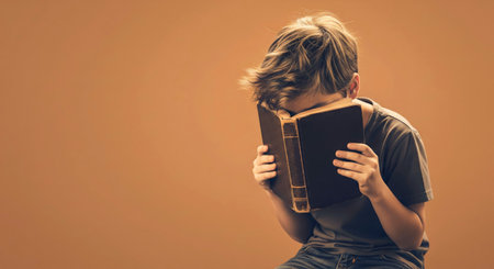 Boy tired from reading hides behind book. Reading fatigue, study fatigue, and the need for a break.の素材