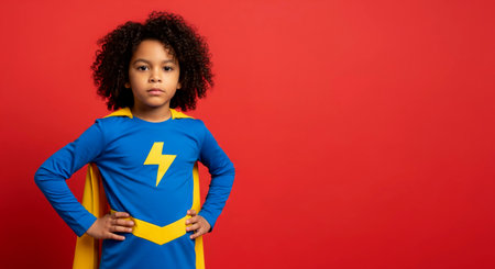 Confident child in superhero costume. Childhood imagination, strength, heroism, and playful dreams.の素材