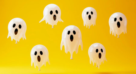 Playful cartoon ghosts on bright yellow. Halloween background design and spooky themes.の素材