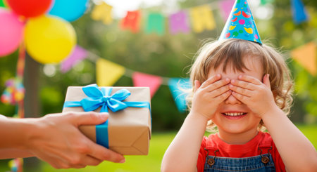 Happy child covering eyes, waiting for a birthday gift. Childhood joy, celebration and surprise.の素材