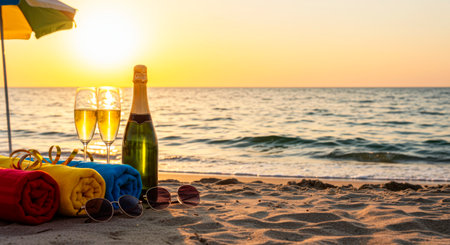 Romantic beach sunset with champagne. Vacations, celebration, and tranquil coastal escapes.の素材