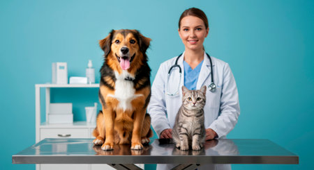 Smiling female veterinarian with a dog and cat on an exam table. Pet care and veterinary services.の素材