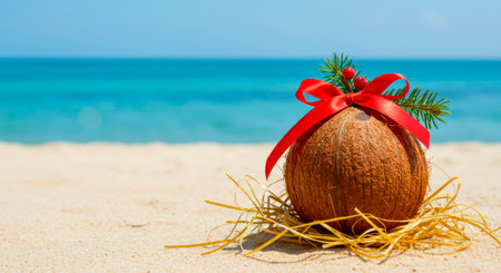 Coconut decorated with Christmas elements on a beach. Tropical Christmas and New Year celebration.の素材