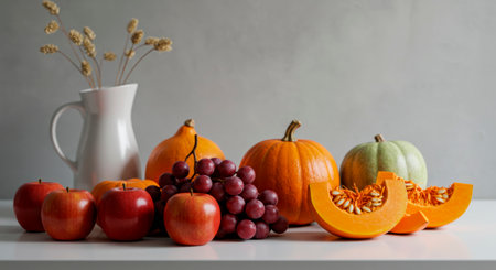 Autumn harvest still life with pumpkins, apples, and grapes. Abundance of the fall season.の素材