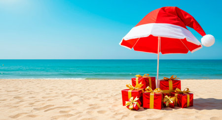 Santa hat umbrella and red gifts on a beach. Tropical Christmas and New Year celebration.の素材