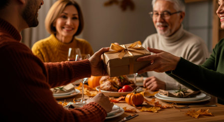 Family giving a gift at a Thanksgiving dinner table with turkey and autumn decor.の素材