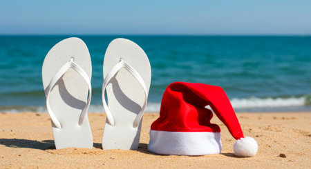 Santa hat and white flip-flops on a sandy beach, contrasting Christmas with a summer vacation.の素材