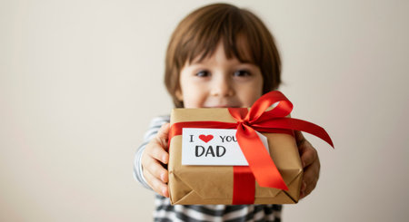 Young boy holding out a gift with a I love you dad tag.の素材