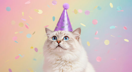 Portrait of a fluffy cat wearing a purple party hat with falling confetti on a pastel background.の素材