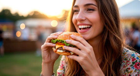 Happy young woman smiling while eating a delicious hamburger outdoors in warm sunset light.の素材
