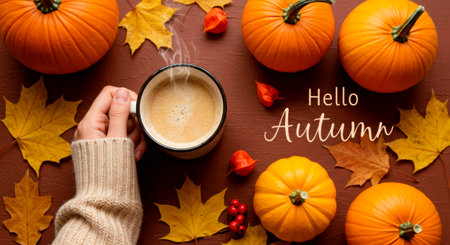 Hand holding a steaming cup of coffee surrounded by autumn pumpkins, leaves, and berries, with Hello Autumn text.の素材