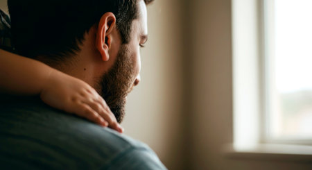 Close-up of a bearded father with a child's arm on his shoulder, capturing a tender moment of family.の素材