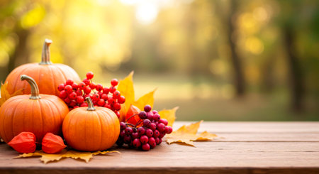 Autumn scene with pumpkins and berries on a wooden table, representing the Thanksgiving harvest season.の素材