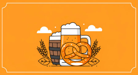 Oktoberfest themed flat illustration with beer mug, a barrel, a pretzel, wheat stalks, and clouds on an orange background.の素材