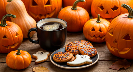 Halloween-themed cookies, coffee, and pumpkins on a rustic table. Festive holiday flat lay.の素材