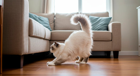 Fluffy white cat stretching its body indoors near a couch in a sunlit room.の素材