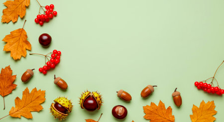 Autumn frame with natural fall elements, including leaves, chestnuts, and berries, on a soft green background.の素材