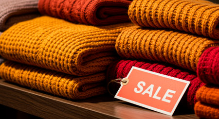 A stack of colorful knitted sweaters with a red Sale tag. Warm winter clothing and seasonal discounts.の素材