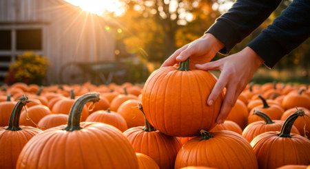 Selecting the perfect pumpkin from a field during a sunny autumn day, with hands reaching for a vibrant gourd.の素材