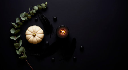 Halloween flat lay: white pumpkin, black feathers, lit candle, and eucalyptus on a dark background.の素材