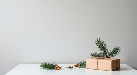 Holiday gift wrapped in craft paper with a fir branch and orange slices, on a clean white surface with copy space.の素材