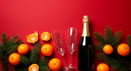 Festive New Year's composition with a champagne bottle, glasses, tangerines, and fir branches on a red background.の素材