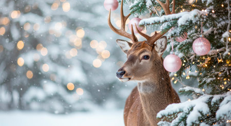 Deer with antlers near a snow-covered Christmas tree with pink ornaments and blurred lights in the background.の素材